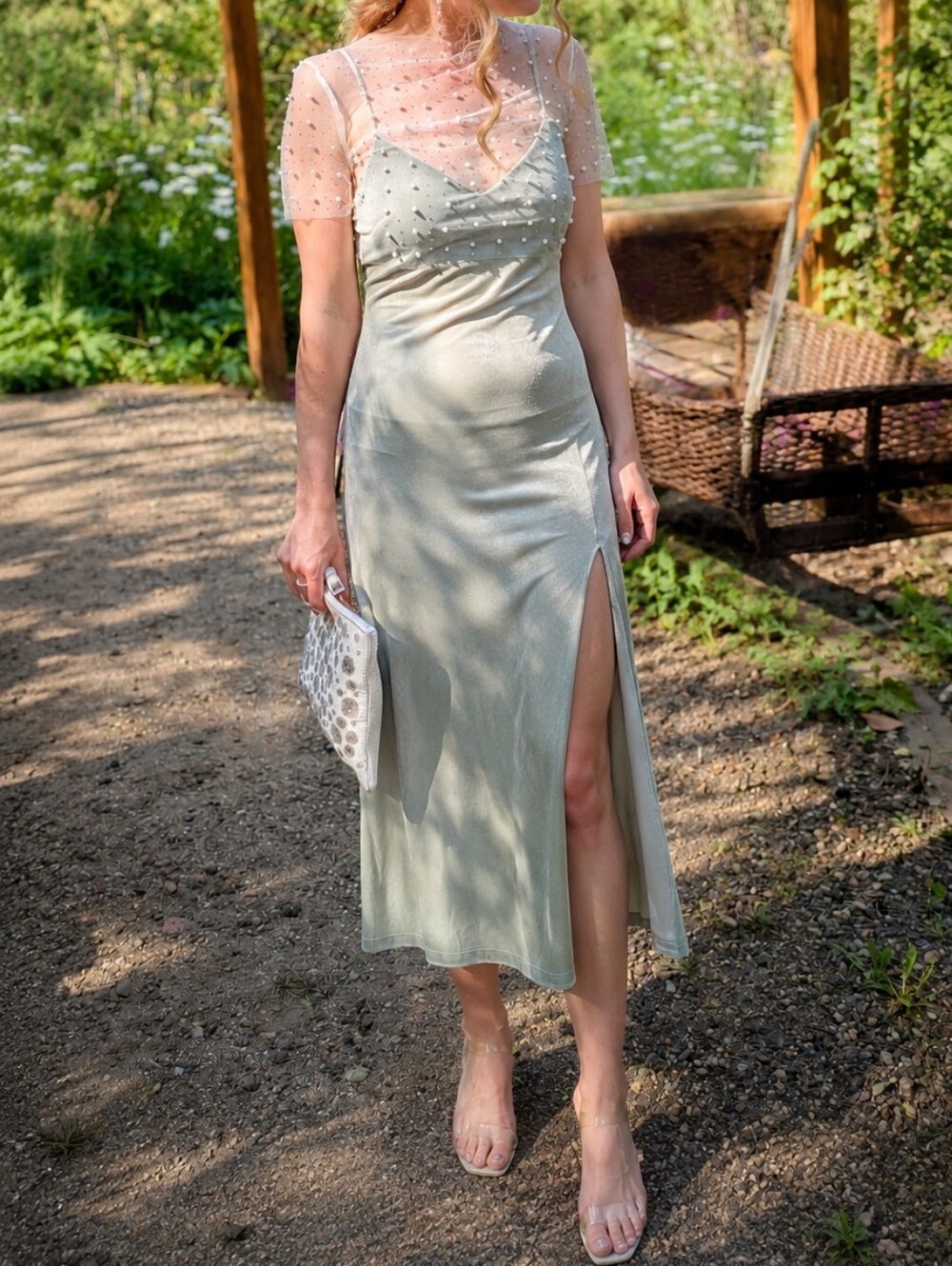 Sheer Pearl-Embellished Sage Green Slip Dress